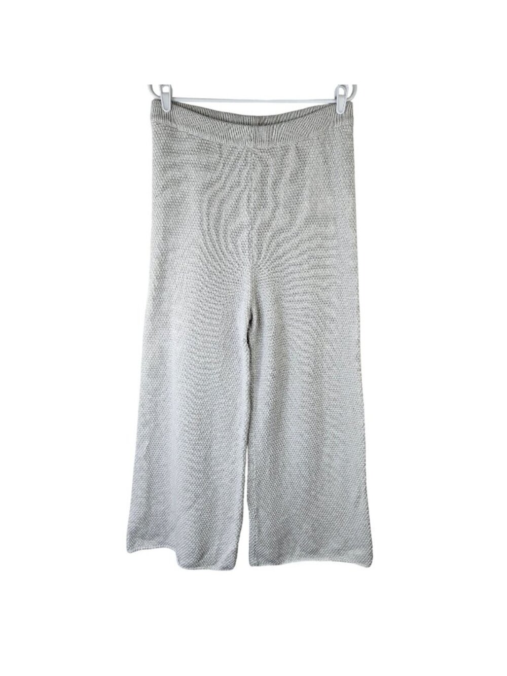 Wide Leg Crop Pants Sz Large Gray Cotton Knit High Waisted Relaxed Fit Pull On